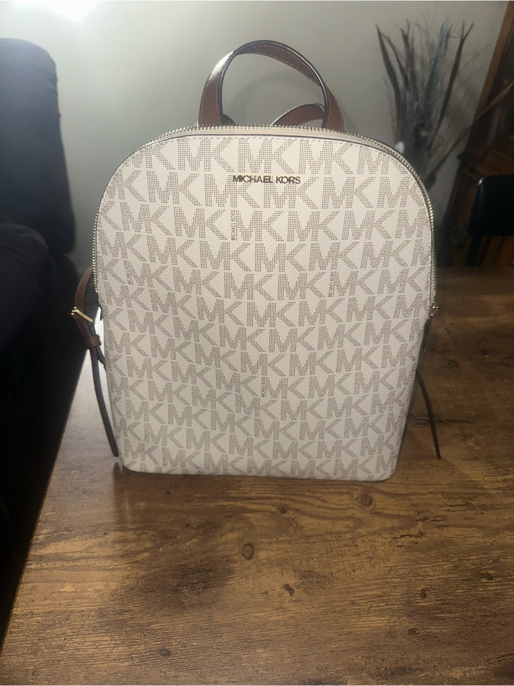 Michael Kors Cream and Brown Signature Logo Backpack